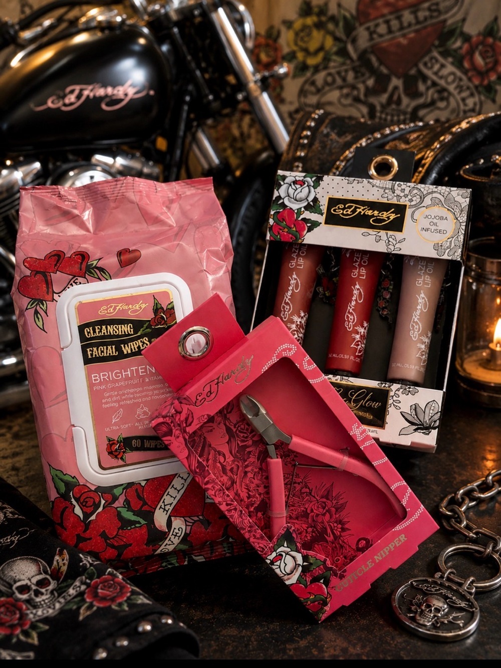 Ed Hardy Pink Hand & Foot Care Gift Set with Lip Glazes